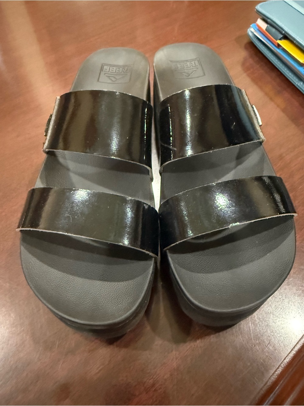 Reef Women's Black Patent Double Band Slide Sandals